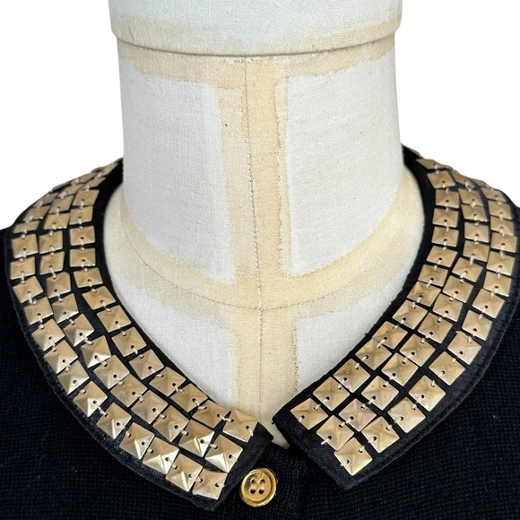 J. McLaughlin Black Merino Wool Cardigan Sweater Gold Studded Collar Size Medium - Picture 3 of 8